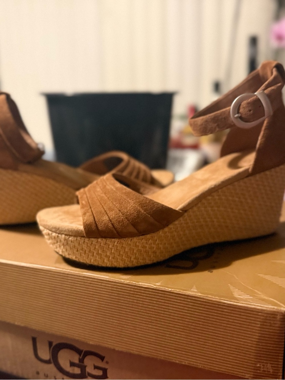 UGG Women's Brown Suede Woven Platform Wedge Sandals